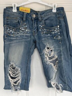 Machine Jeans Nouvelle Mode Distressed Rhinestone Studded Skinny Jeans Size 25